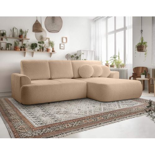 Canapé Angle Droit Convertible 4 Places Candela En Tissu Bouclette Taupe