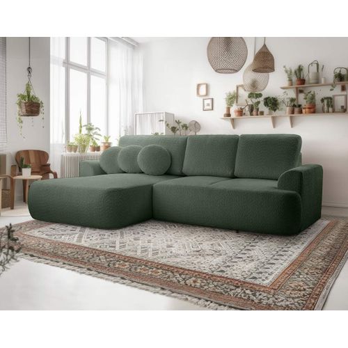 Canapé Angle Gauche Convertible 4 Places Candela En Tissu Bouclette Vert