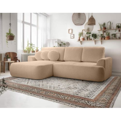 Canapé Angle Gauche Convertible 4 Places Candela En Tissu Bouclette Taupe