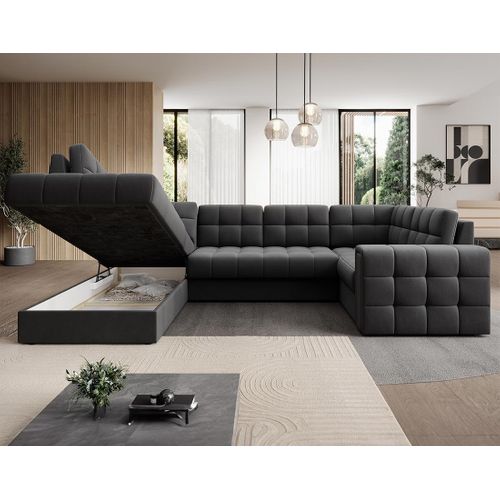 Nappa - Canapé Panoramique D'angle Droit 7 Places Convertible Avec Coffre En Velours Gris