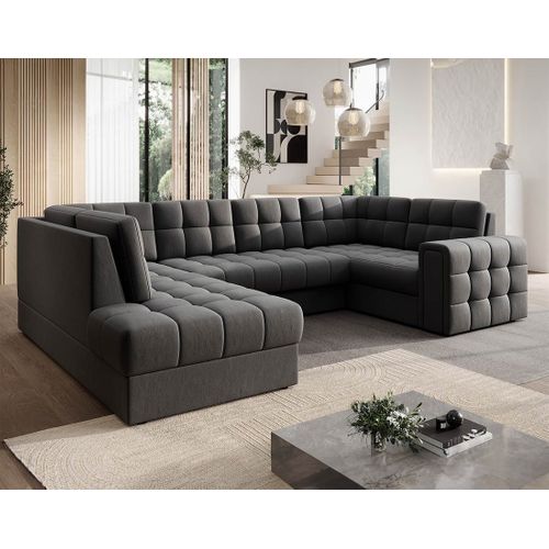 Nappa - Canapé Panoramique D'angle Droit 7 Places Convertible Avec Coffre En Velours Gris