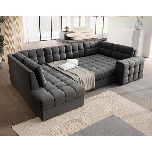 Nappa - Canapé Panoramique D'angle Droit 7 Places Convertible Avec Coffre En Velours Gris