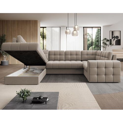 Nappa - Canapé Panoramique D'angle Droit 7 Places Convertible Avec Coffre En Velours Beige