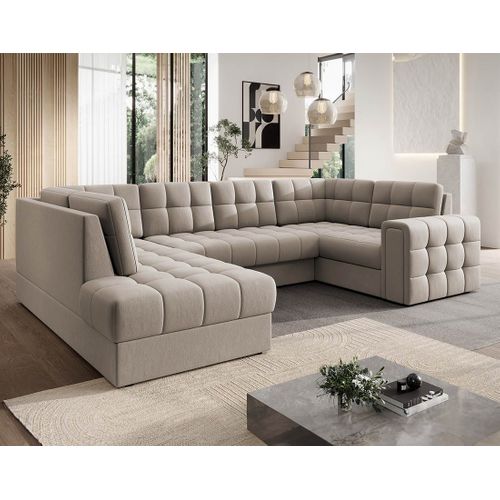 Nappa - Canapé Panoramique D'angle Droit 7 Places Convertible Avec Coffre En Velours Beige