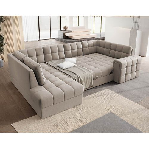 Nappa - Canapé Panoramique D'angle Droit 7 Places Convertible Avec Coffre En Velours Beige