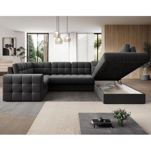 Nappa - Canapé Panoramique D'angle Gauche 7 Places Convertible Avec Coffre En Velours Gris