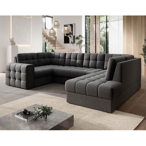 Nappa - Canapé Panoramique D'angle Gauche 7 Places Convertible Avec Coffre En Velours Gris