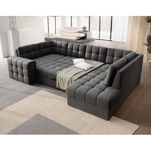 Nappa - Canapé Panoramique D'angle Gauche 7 Places Convertible Avec Coffre En Velours Gris