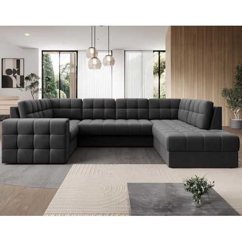 Nappa - Canapé Panoramique D'angle Gauche 7 Places Convertible Avec Coffre En Velours Gris