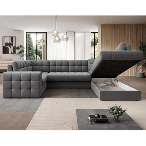 Nappa - Canapé Panoramique D'angle Gauche 7 Places Convertible Avec Coffre En Velours Gris Clair