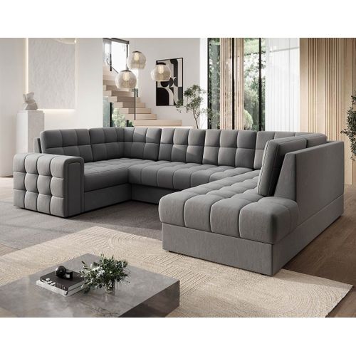 Nappa - Canapé Panoramique D'angle Gauche 7 Places Convertible Avec Coffre En Velours Gris Clair