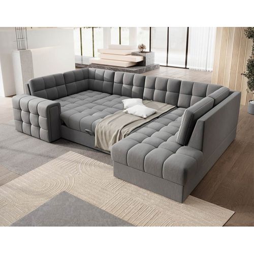 Nappa - Canapé Panoramique D'angle Gauche 7 Places Convertible Avec Coffre En Velours Gris Clair
