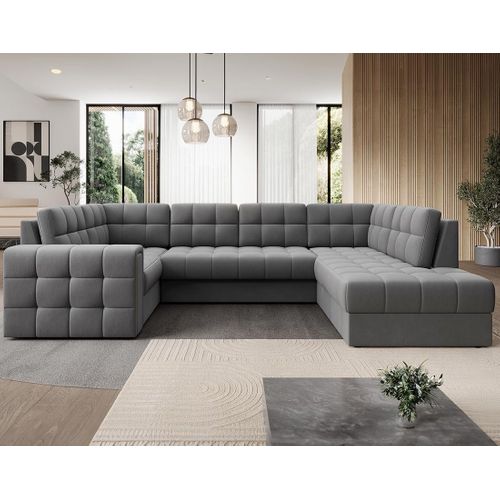 Nappa - Canapé Panoramique D'angle Gauche 7 Places Convertible Avec Coffre En Velours Gris Clair