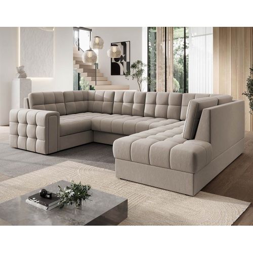 Nappa - Canapé Panoramique D'angle Gauche 7 Places Convertible Avec Coffre En Velours Beige