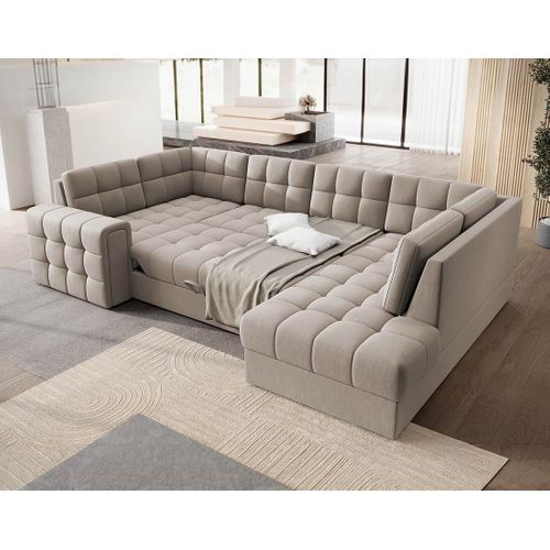 Nappa - Canapé Panoramique D'angle Gauche 7 Places Convertible Avec Coffre En Velours Beige