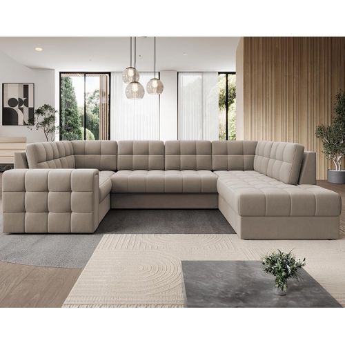 Nappa - Canapé Panoramique D'angle Gauche 7 Places Convertible Avec Coffre En Velours Beige