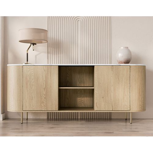Sansa - Buffet Bas 184 Cm - 2 Portes, 2 Niches Et 2 Étagères - Plateau Effet Marbre