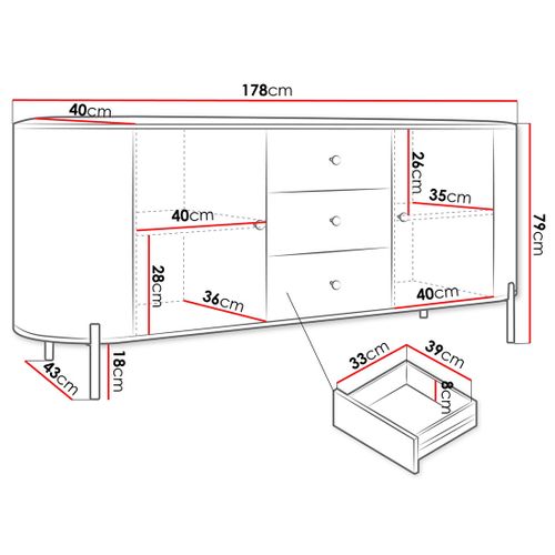 Jaime - Buffet Bas 178 Cm - 3 Tiroirs, 2 Portes Et 2 Étagères