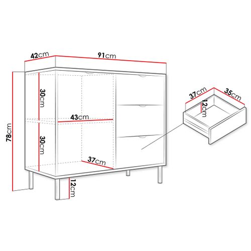 Hope - Buffet Bas 91 Cm - 3 Tiroirs Et 1 Porte