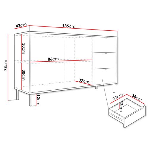 Hope - Buffet Bas 135 Cm - 3 Tiroirs Et 2 Portes