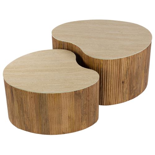 Jade - Lot De 2 Tables Basses Gigognes Effet Travertin - Pieds En Bois Massif De Manguier - 93 Et 76