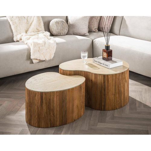 Jade - Lot De 2 Tables Basses Gigognes Effet Travertin - Pieds En Bois Massif De Manguier - 93 Et 76