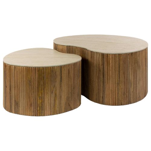 Jade - Lot De 2 Tables Basses Gigognes Effet Travertin - Pieds En Bois Massif De Manguier - 93 Et 76