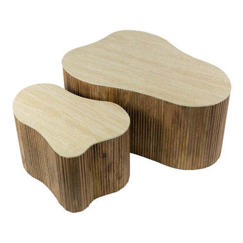 Jade - Lot De 2 Tables Basses Gigognes Effet Travertin - Pieds En Bois Massif De Manguier - 90 Et 61