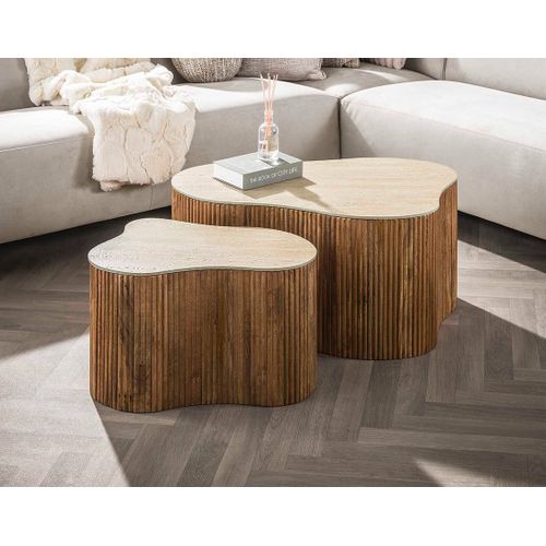 Jade - Lot De 2 Tables Basses Gigognes Effet Travertin - Pieds En Bois Massif De Manguier - 90 Et 61