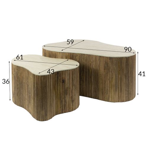 Jade - Lot De 2 Tables Basses Gigognes Effet Travertin - Pieds En Bois Massif De Manguier - 90 Et 61