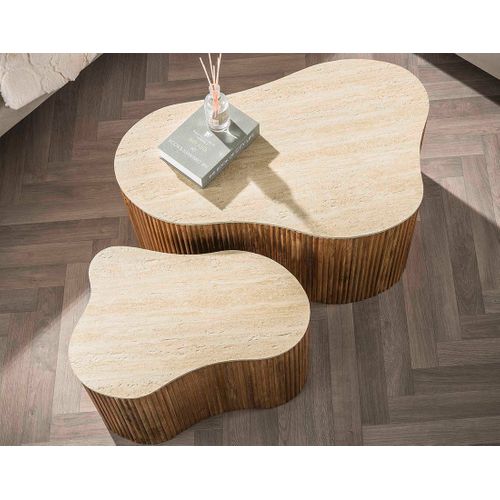 Jade - Lot De 2 Tables Basses Gigognes Effet Travertin - Pieds En Bois Massif De Manguier - 90 Et 61