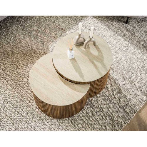 Jade - Lot De 2 Tables Basses Gigognes Effet Travertin - Pieds En Bois Massif De Manguier - 60 Cm