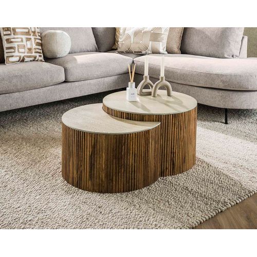 Jade - Lot De 2 Tables Basses Gigognes Effet Travertin - Pieds En Bois Massif De Manguier - 60 Cm