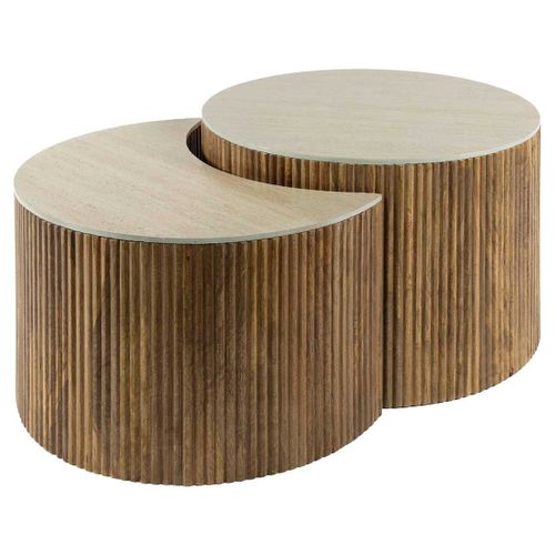 Jade - Lot De 2 Tables Basses Gigognes Effet Travertin - Pieds En Bois Massif De Manguier - 60 Cm