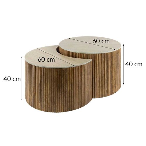 Jade - Lot De 2 Tables Basses Gigognes Effet Travertin - Pieds En Bois Massif De Manguier - 60 Cm