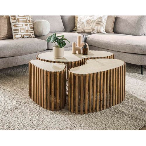 Jade - Lot De 3 Tables Basses Gigognes Effet Travertin - Pieds En Bois Massif De Manguier - 90, 70 E
