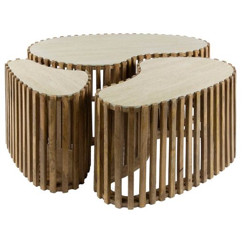 Jade - Lot De 3 Tables Basses Gigognes Effet Travertin - Pieds En Bois Massif De Manguier - 90, 70 E