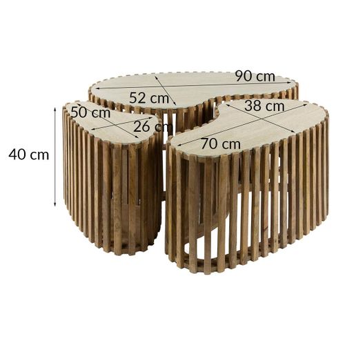 Jade - Lot De 3 Tables Basses Gigognes Effet Travertin - Pieds En Bois Massif De Manguier - 90, 70 E