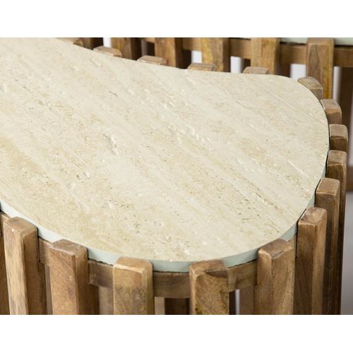 Jade - Lot De 3 Tables Basses Gigognes Effet Travertin - Pieds En Bois Massif De Manguier - 90, 70 E