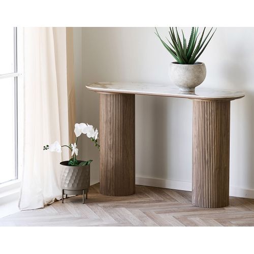 Lysa - Console Plateau Effet Marbre Et Pieds Effets Bois - 78 Cm