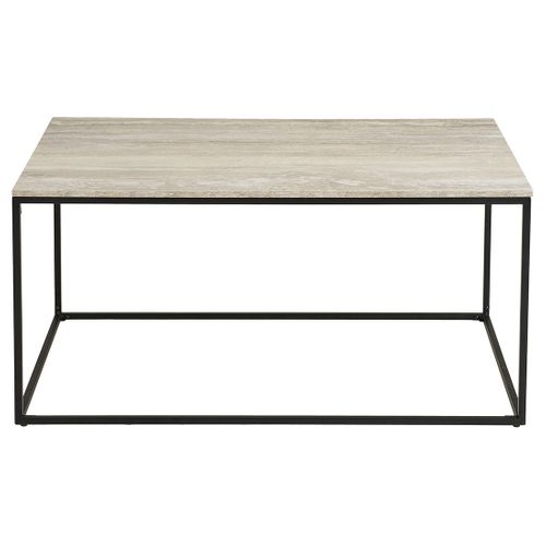 Maya - Table Basse Plateau Effet Travertin En Fsc  100% - Pieds En Métal - 90 Cm
