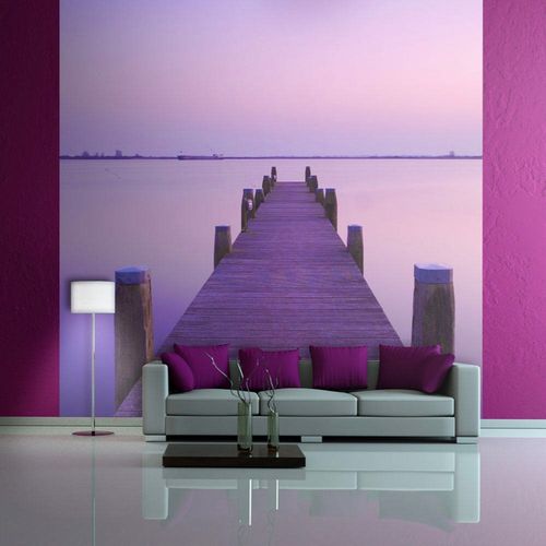Papier Peint Coucher De Soleil Violet Ponton Sur Le Lac 350 X 270 Cm Violet
