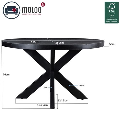 Uzes-table à Manger Ronde 6 Personnes 150 Cm En Bois Massif Noir