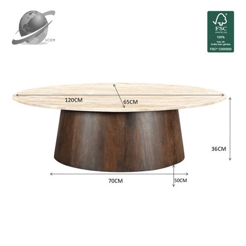 Stone-table Basse Ovale En Travertin Et Bois Brun