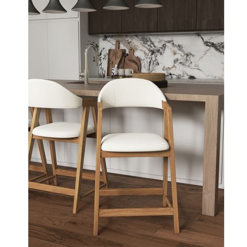 Camille-chaise De Bar En Frêne Naturel Et Tissu Curly Ecru (x2)