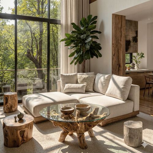 Roots-table Basse En Teck Massif Et Verre D.110 Cm