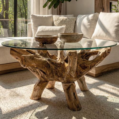 Roots-table Basse En Teck Massif Et Verre D.110 Cm