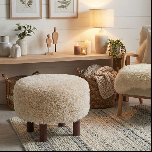 Scot-pouf En Tissu Bouclé Beige D.50cm