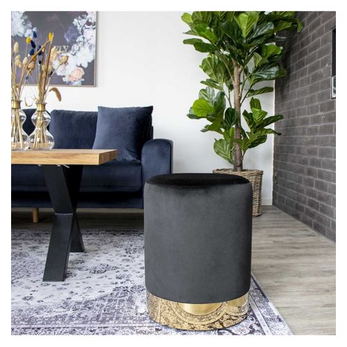 Mills- Pouf En Velours Noir, Socle Couleur Laiton Ø34 Cm