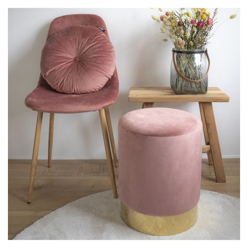 Mills- Pouf En Velours Rose, Socle Couleur Laiton Ø34 Cm